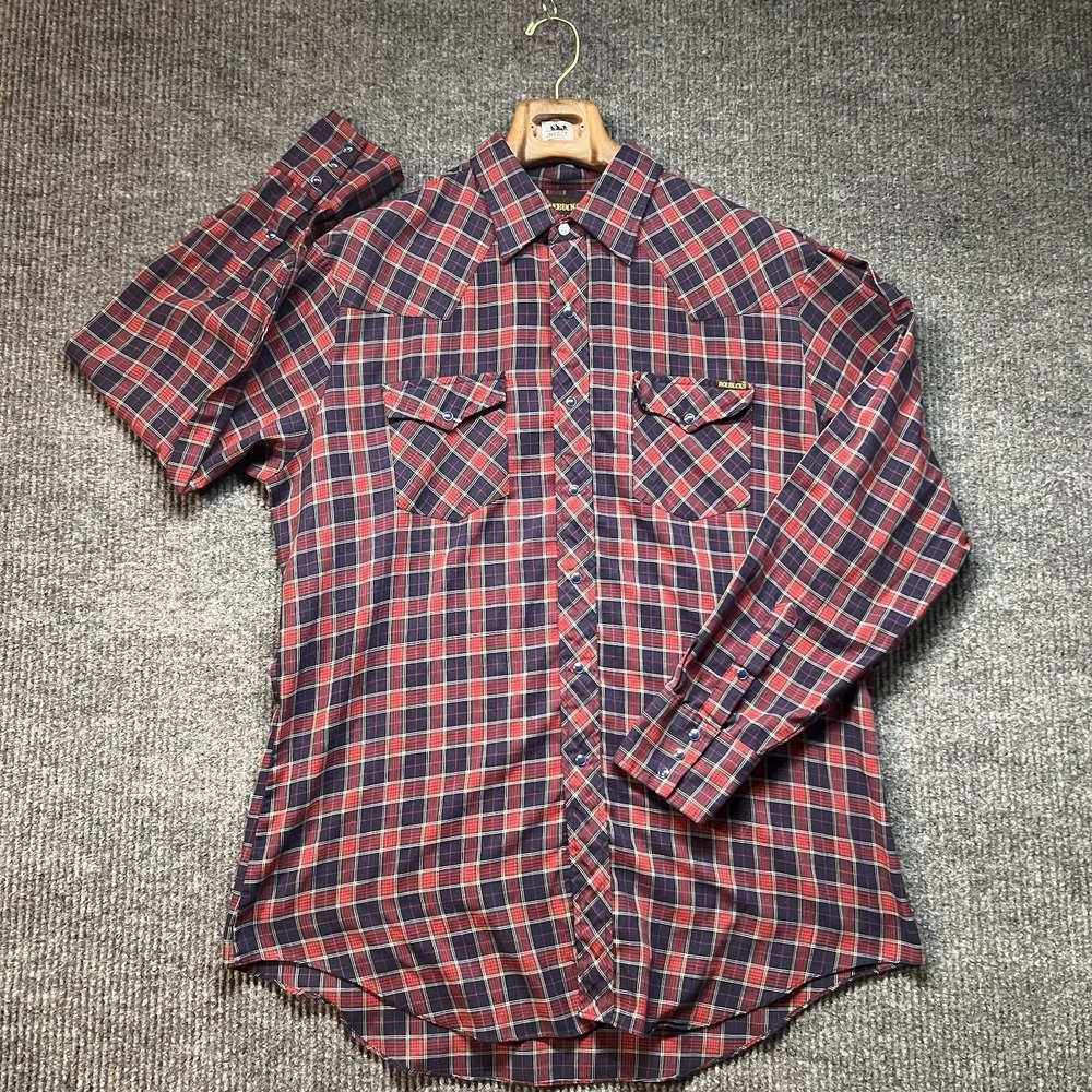 Roebucks Plaid Western Long Sleeve Pearl Snap Shirt Cowboy Rodeo Red Blue Sz XL